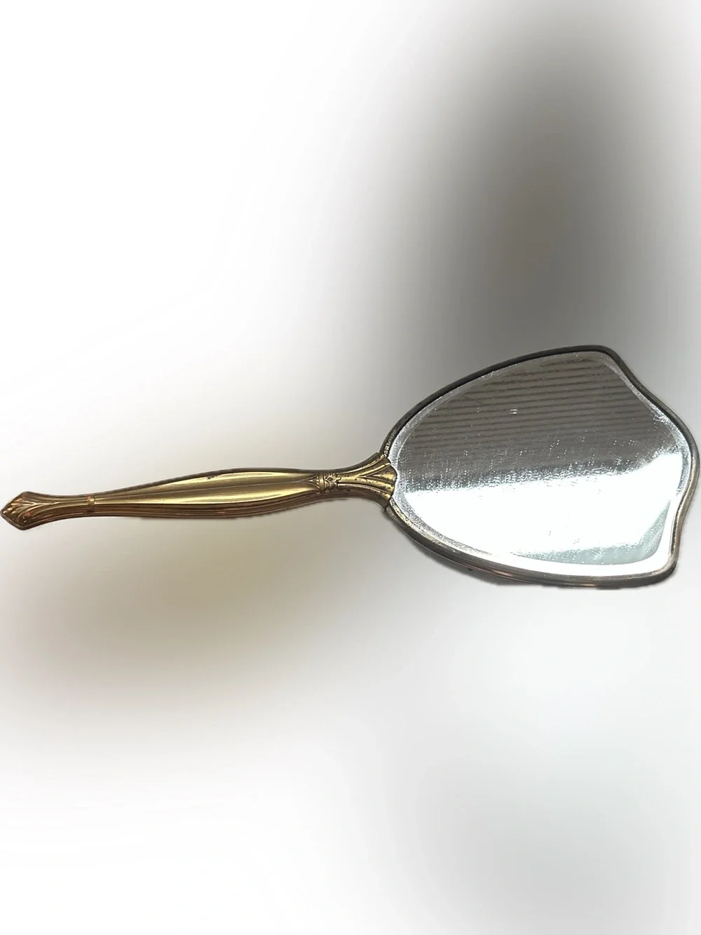 Vintage Gold Tone ornate hand held mirror (call outs reflect price) 13.25 x 6